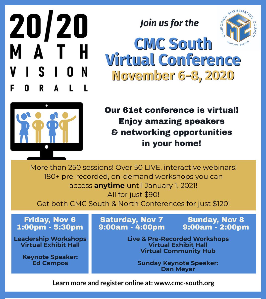 Excitement building for some recharge after a two full moon October 🌝 Join us Nov 6-8 and our visionary #cmcmath community. Don’t miss out. Register cmc-south.org/2020-conferenc… #iteachmath #mtbos