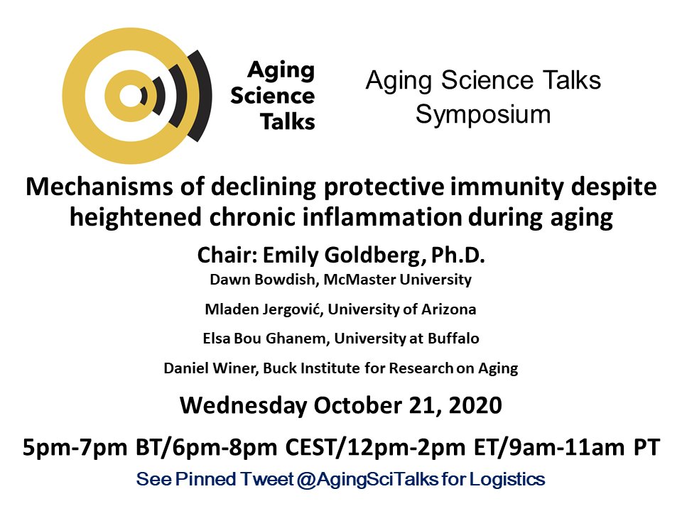 AgingSciTalks's tweet image. Join us tomorrow for our symposium "Mechanisms of declining protective immunity despite heightened chronic inflammation during aging" Chaired by @DrEmilyGoldberg! Speakers Dawn Bowdish, Mladen Jergovic, Elsa Bou Ghanem, and Dan Winer! Links at lamminglab.org/agingscitalks.…