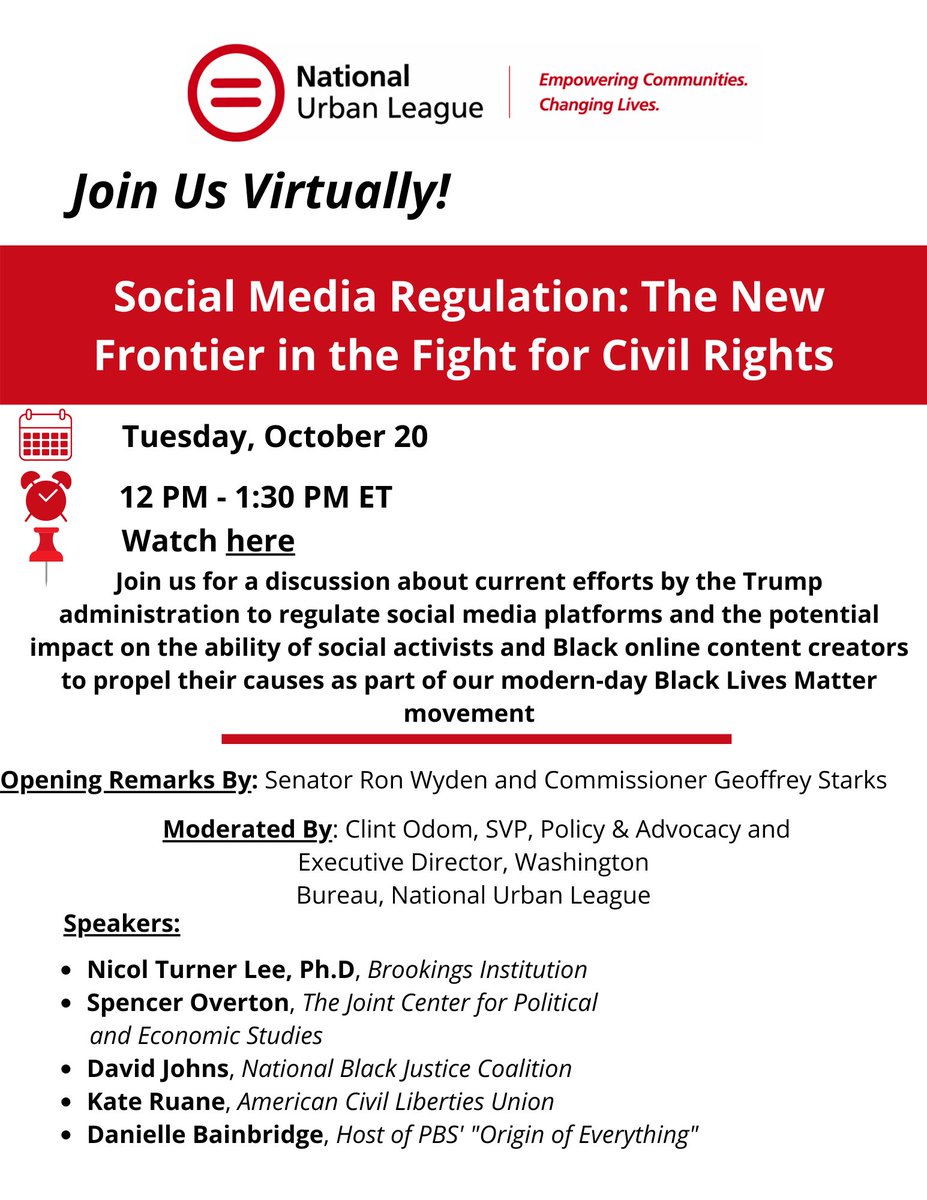 Join <a href="/NULpolicy/">National Urban League Washington Bureau</a> for a discussion on social media regulation, #section230 and the impact on #CivilRights on October 20 12-1:30PM ET w/ <a href="/MrDavidJohns/">Dr. David Johns</a> <a href="/drturnerlee/">Nicol Turner Lee</a> <a href="/SpencerOverton/">Prof Spencer Overton</a> <a href="/quirkyprofessor/">Danielle Bainbridge</a> and Kate Ruane. 

Watch here: youtube.com/channel/UC_EHm…