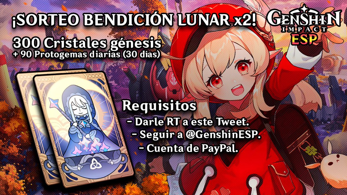 🥳 ¡Ya hemos pasado de los 1000 followers! 🎊

Como agradecimiento, os hemos preparado un SORTEO de ¡DOS BENDICIONES LUNARES! 🌙

Los requisitos de participación son:
🔹 Dar RT a este tweet.
🔹 Seguir <a href="/GenshinESP/">Genshin Impact ESP 🇪🇦</a>.
🔹 Tener PayPal.

¡Suerte a tod@s!

#GenshinImpact 
#GenshinESP