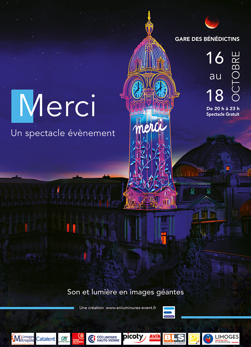 87Jmd's tweet photo. Du 16 au 18 octobre, spectacle événement pour dire #merci sur le campanile de la gare de #Limoges Bénédictins de 20H à 23H par @enluminures1 
Revoir le spectacle des 90 ans de Limoges Bénédictins 90 ans https://t.co/I1yeBcckDv https://t.co/wRo7xnYyyT