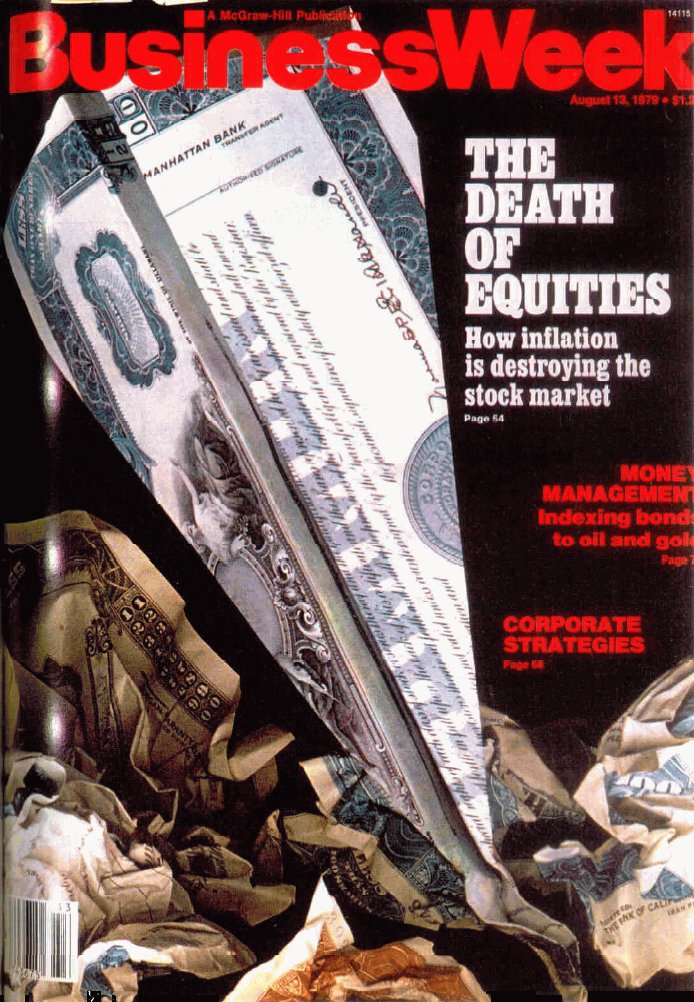 1/ THREAD: Magazine cover predictions, shoeshine boy tips, and other questionable calls"On Aug 13, 1979, the front cover of Business Week featured a crumpled share certificate in the shape of a crashed paper dart: ‘The Death of Equities.‘ " https://twitter.com/ReformedTrader/status/1308179924230877184