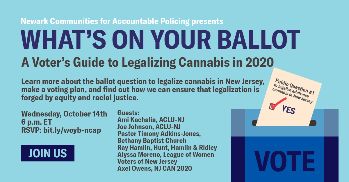 REMINDER: Register for <a href="/NewarkCAP/">N-CAP</a>'s virtual event on TODAY, October 14 @ 6pm.

Join faith leaders and advocates on voting rights, police accountability, and cannabis reform on how NJ can legalize marijuana, with equity and justice leading the way.

RSVP: aclu.zoom.us/webinar/regist…