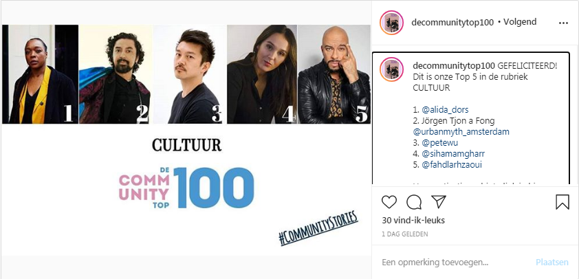 Onze artistiek leider en curator, Jörgen Tjon A Fong, staat op 2 in de rubriek cultuur van de <a href="/communitytop100/">DeCommunityTop100</a>. Wat een geweldige rij cultuurmakers om tussen te staan!  decommunitytop100.nl/cultuur/
#community100 #communitystories