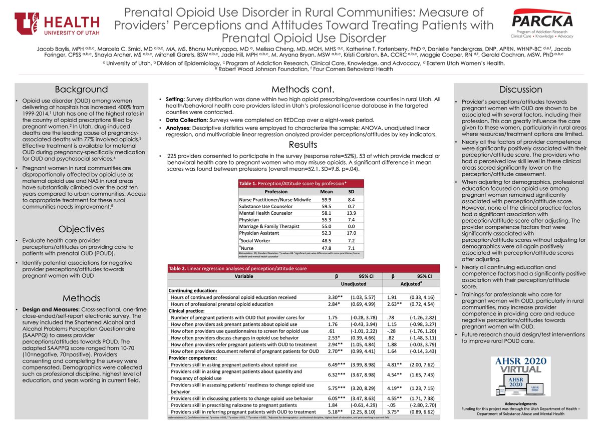 AHSRConference's tweet photo. MM12
"Prenatal Opioid Use Disorder in Rural Communities: Measure of Providers' Perceptions and Attitudes Toward Treating Patients with Prenatal Opioid Use Disorder" by Jacob Baylis, MPH, from University of Utah

@UofUMedicine @UUtah
#AHSR2020 https://t.co/U0704fWbnt