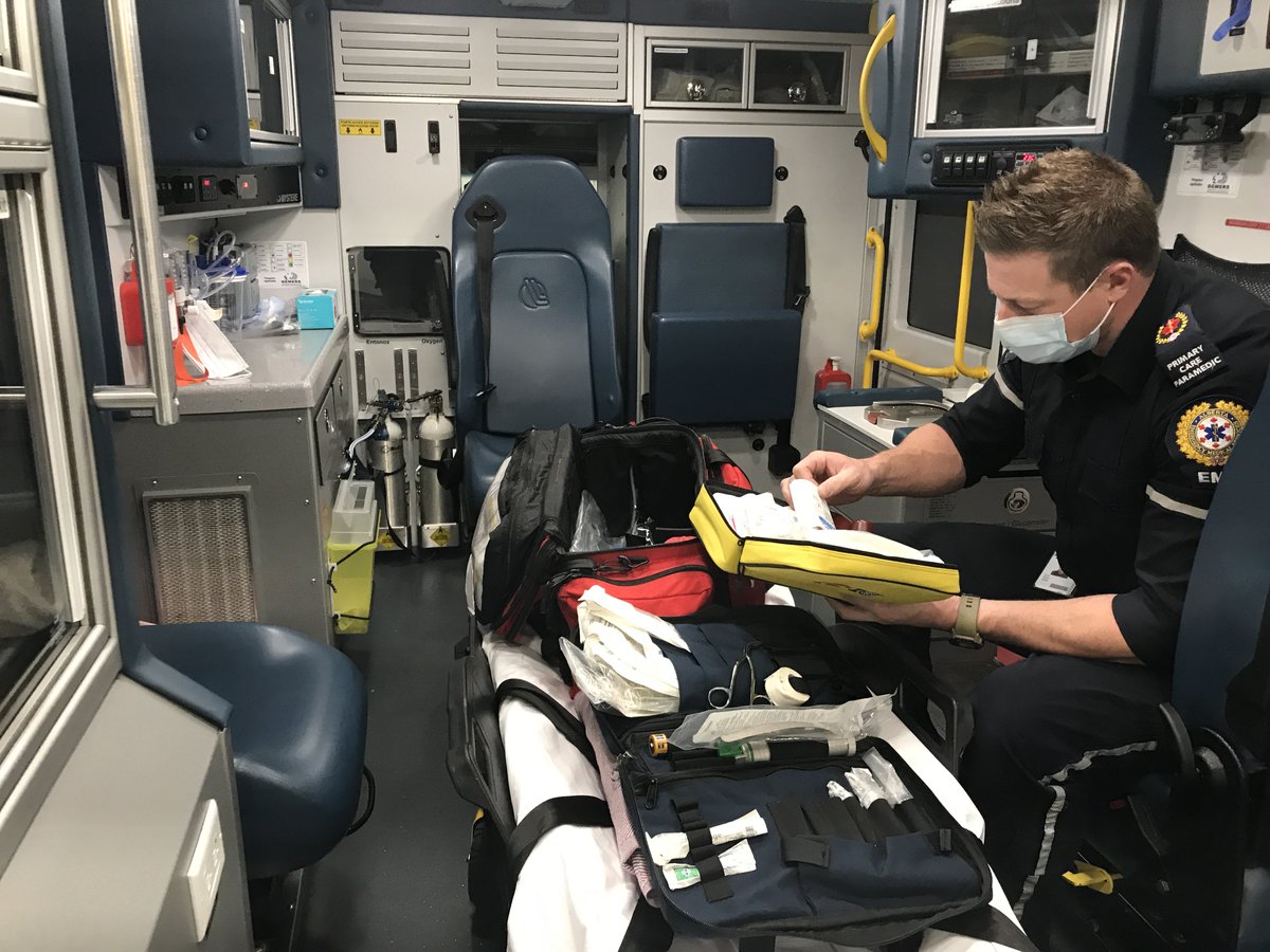 ahs_ems's tweet image. BEHIND THE SCENES: #yourEMS paramedic Eric, ensures med. equipment aboard his ambulance is ready to go. Specifically, he's reviewing the intraosseous (needle into bone) kit: a hand-held needle driver used in the critically ill/injured patient, where IV access cannot be obtained.