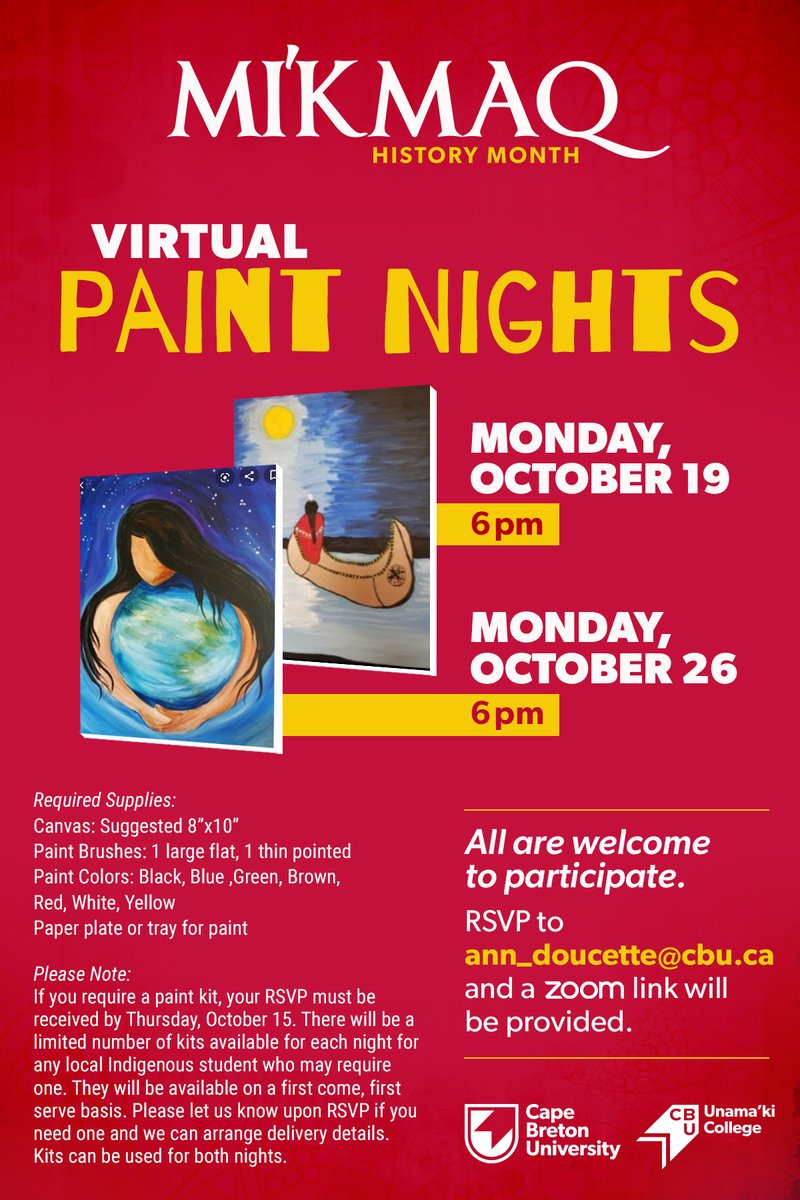 Unama'ki College is hosting two virtual paint nights for Mi'kmaq History Month on Oct. 19 &amp; 26. Details below:
