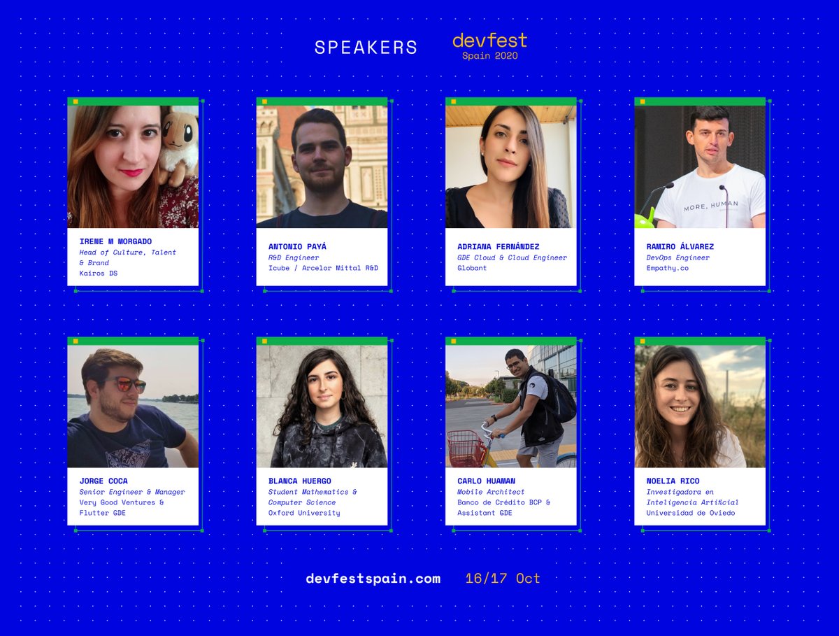 ¿Habéis visto los speakers tan 🔝 que tenemos para #DevFestSpain?

🗓 Oct 16th / Oct 17th 
🎟 Inscríbete --> bit.ly/DevFestSpain20…

#WomenTechmakers #DevFest2020 #GDGFun #GDGs #DevFest 

<a href="/IrnMM/">Irene M Morgado 🌈 - en 🩵☁️ soy IrnMM</a> <a href="/noeliarico_/">Noelia Rico</a> #AntonioPayá #BlancaHuergo
<a href="/jcocaramos/">Jorge Coca 🐶💙🦄</a> <a href="/kaskol10/">Ramiro Alvarez</a> @adriifermo <a href="/Tohure_/">Carlo Huamán</a>