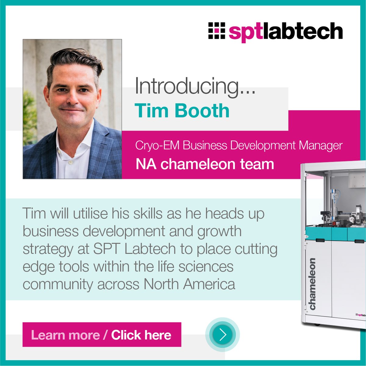 SPTLabtech's tweet photo. We are pleased to introduce Tim Booth, our US Cryo-EM Business Development Manager for the North American chameleon team.
To check out the whole team all at once, please click here. https://t.co/gSDyTWbn4T

#sptlabtech #chameleon #structuralbiology https://t.co/QYboguhCph