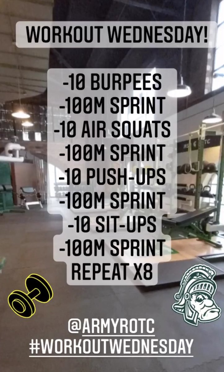 MSU Army ROTC (@msuarmyrotc) on Twitter photo Workout Wednesday!
Tag <a href="/MSUArmyROTC/">MSU Army ROTC</a> during your workout to be featured on our Instagram story!
instagram.com/stories/msuarm… Workout Wednesday!
Tag <a href="/MSUArmyROTC/">MSU Army ROTC</a> during your workout to be featured on our Instagram story!
instagram.com/stories/msuarm…