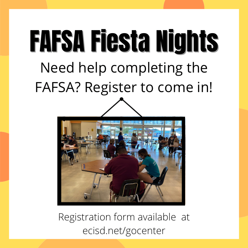 echsgocenter's tweet photo. Sign up for a FAFSA Fiesta! We are hosting one TODAY at 6pm. There’s still time to register. #fafsafiestas #echsgocenter #wearerc https://t.co/OzWuVpweeb