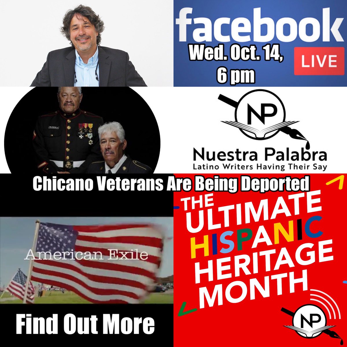 Librotraficante's tweet photo. Chicano Veterans are being deported. Find our more. Meet filmmaker John Valadez &amp; Manuel Valenzuela whose turmoil is documented in the film “American Exile”. Facebook Live. Today. Oct 14, 6p Nuestra Palabra: Latino Writers Having Their Say.#UHHM #UltimateHispanicHeritageMonth https://t.co/rXAWYLN4jK