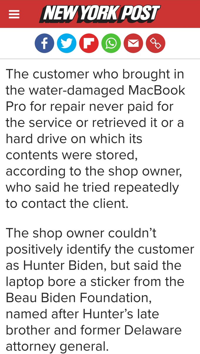 3)"The customer who brought in the water-damaged MacBook Pro for repair never paid for the service or retrieved it or a hard drive on which its contents were stored, according to the shop owner""the laptop bore a sticker from the Beau Biden Foundation"