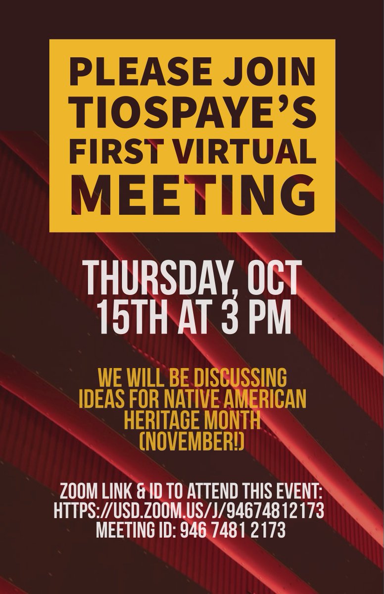 Please join Tiospaye for their first virtual meeting this Thursday, October 15th @ 3PM. They will be discussing plans for Native American Heritage Month!