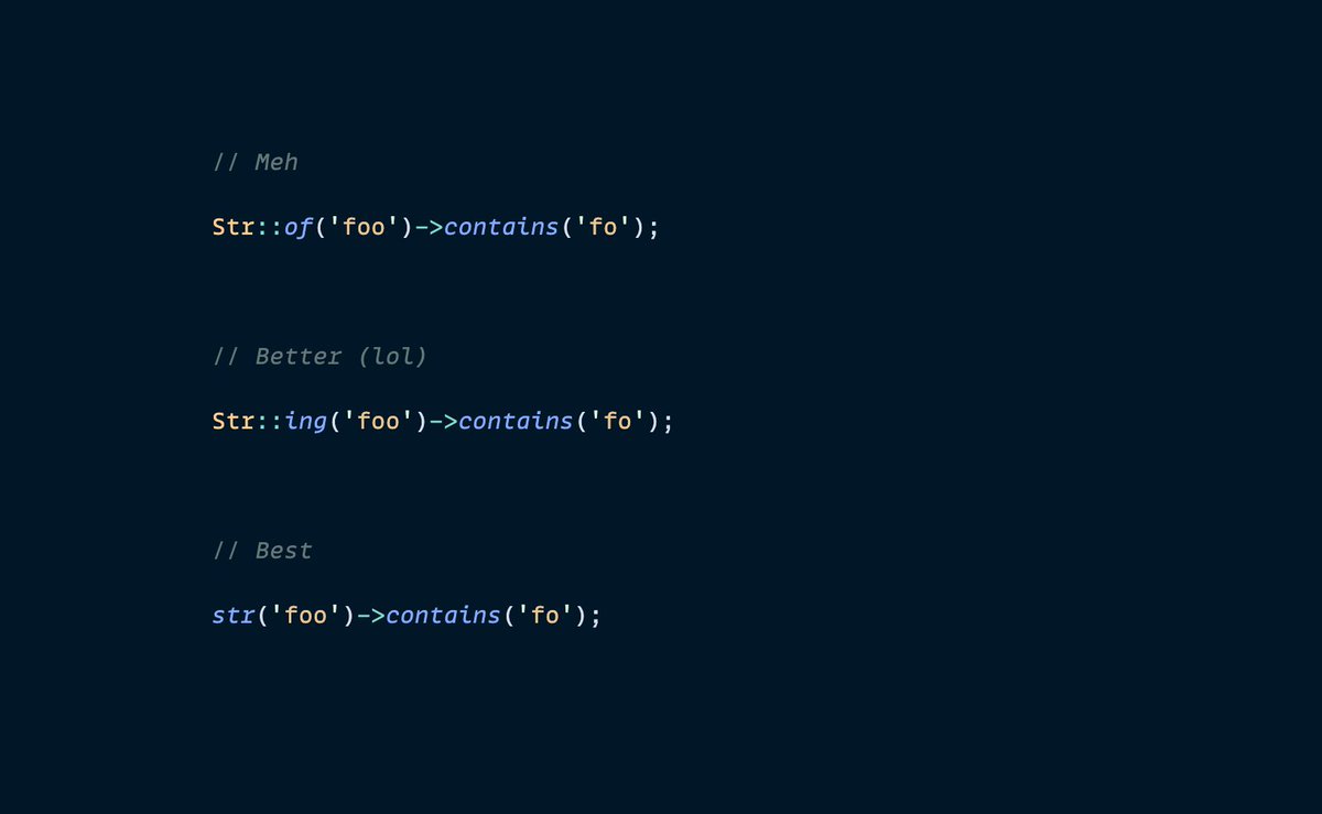 calebporzio's tweet image. Stringables in Laravel are so baller, but I'm pretty meh on the "of" syntax.
Next version of Livewire will have an internal "str" helper function you can import