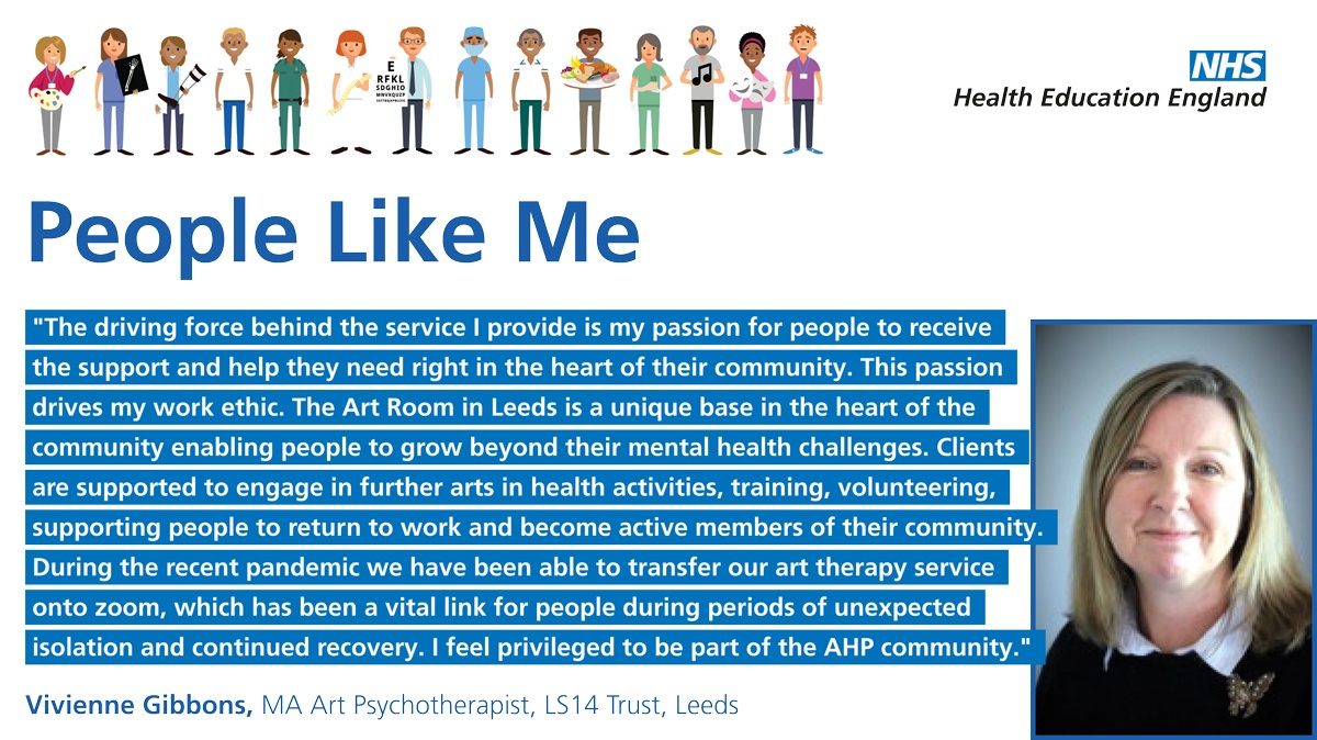 NHSWTE_NEY's tweet photo. Passion to support people in the heart of their community, is what drives Vivienne, Art Psychotherapist at LS14 Trust, Leeds.
 #AHPsDay #AHPLikeMe 
@LS14Trust https://t.co/Q1FYgNFtdw