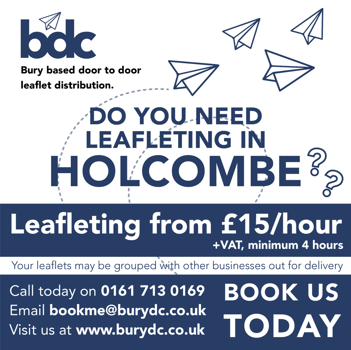 📮 Leafleting from £15/hour +vat (minimum 4 hours)
Do you need #leafleting in #Holcombe ?
☎️ Call today on 0161 713 0169
📥 Email bookme@burydc.co.uk
🖥️ Or visit burydc.co.uk