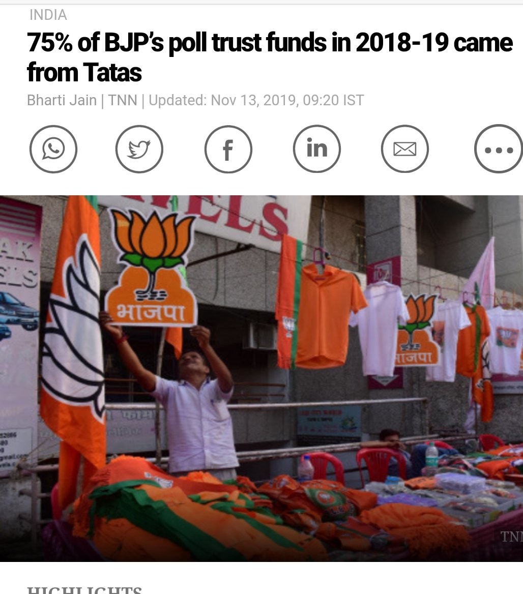 *Thread on Tatas* Tatas were BJP's biggest donors via the dubious electoral bonds. Ratan Tata has endorsed Modi, giving him credibility amongst cosmopolitan and middle class Indians.Tatas are *enablers* not victims or 'silent bystanders' of Hindutva / BJP