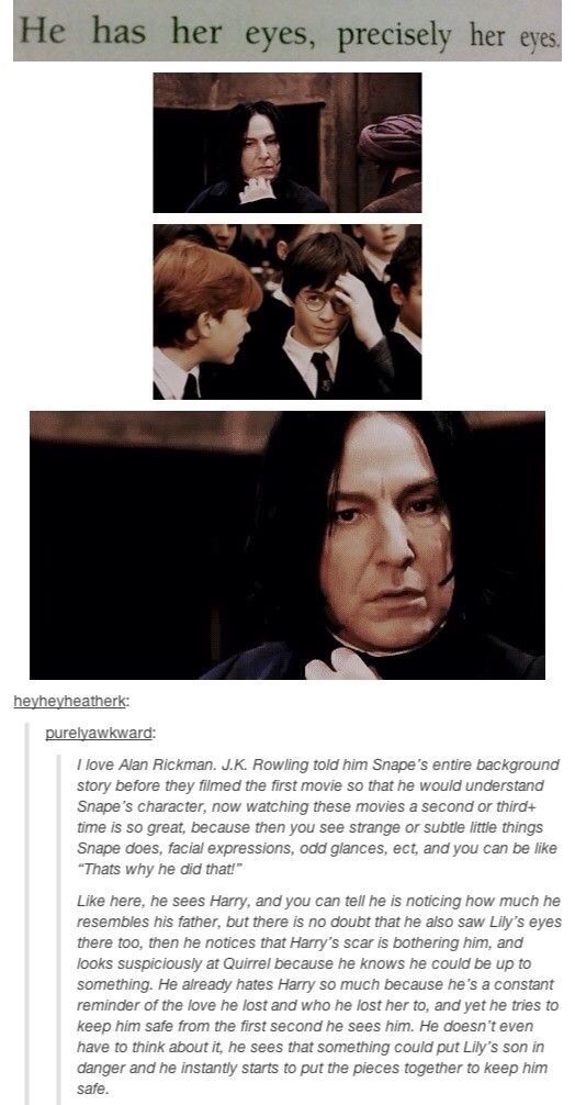 PotterWorldUK's tweet photo. J.K. Rowling told Alan Rickman (Snape) year's before the final book came out that Snape was in love with Lily Potter. https://t.co/09H0MZ7vLO