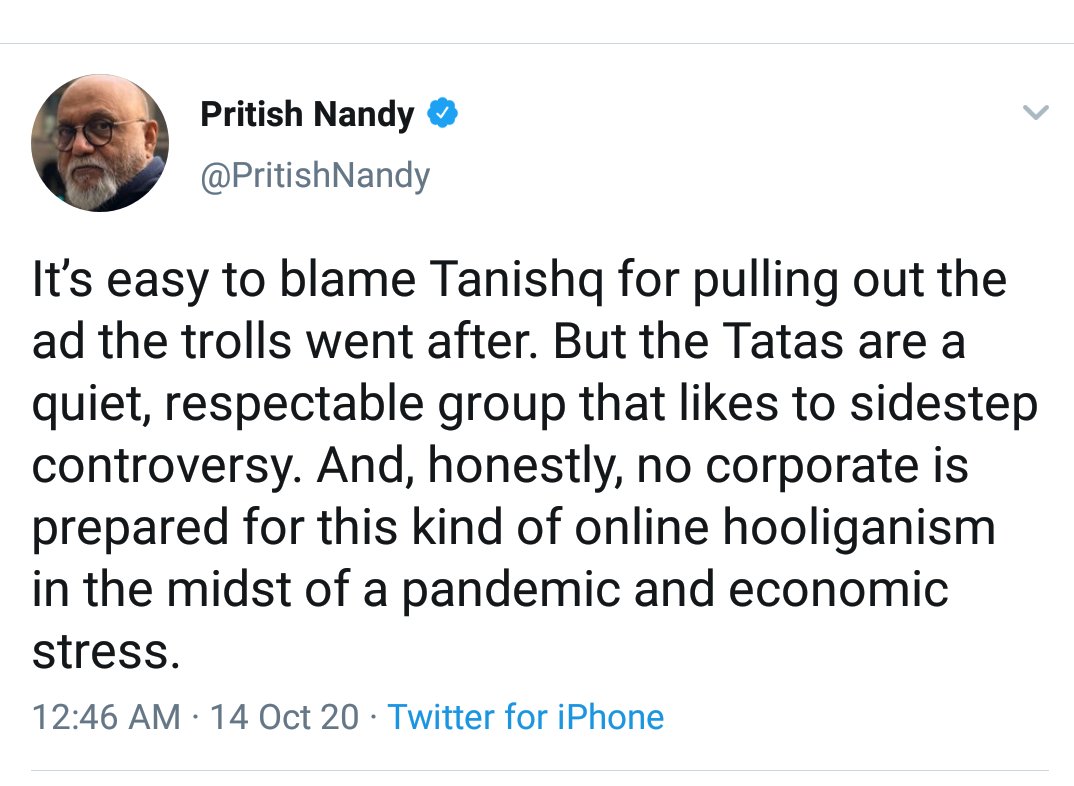 Tatas are a "quiet and respectable group that sidesteps controversy" says  @PritishNandySure. Enabling a govt that's caused economic ruin, social divisions, violence, political and institutional rot, social media abuse, etc and then keeping quiet is "sidestepping controversy"