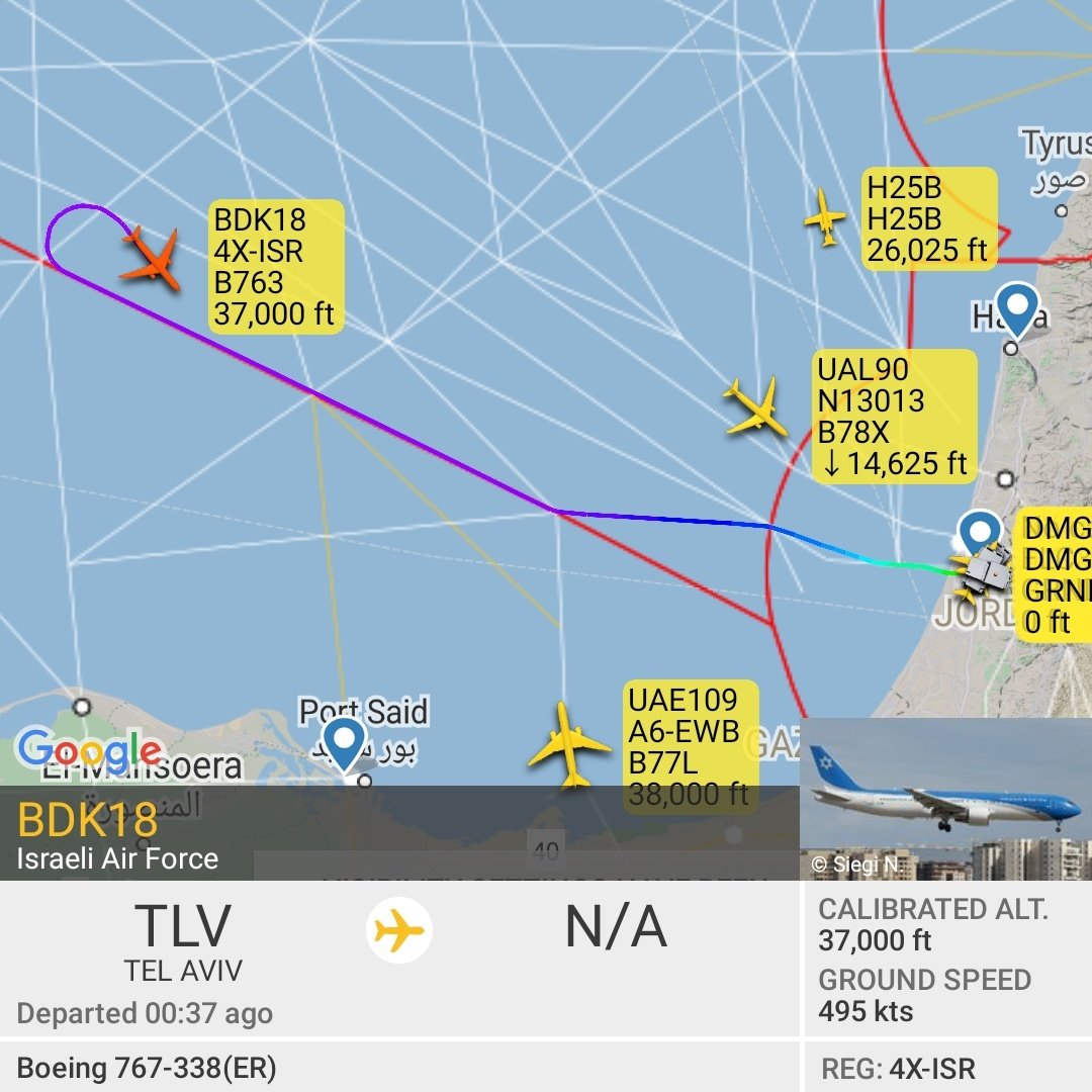 Gerjon_'s tweet photo. 🇮🇱Government of Israel Boeing 767 reg. 4X-ISR on a test flight out of #TelAviv Ben Gurion Airport using callsign #BDK18. https://t.co/BYIY3IslS8