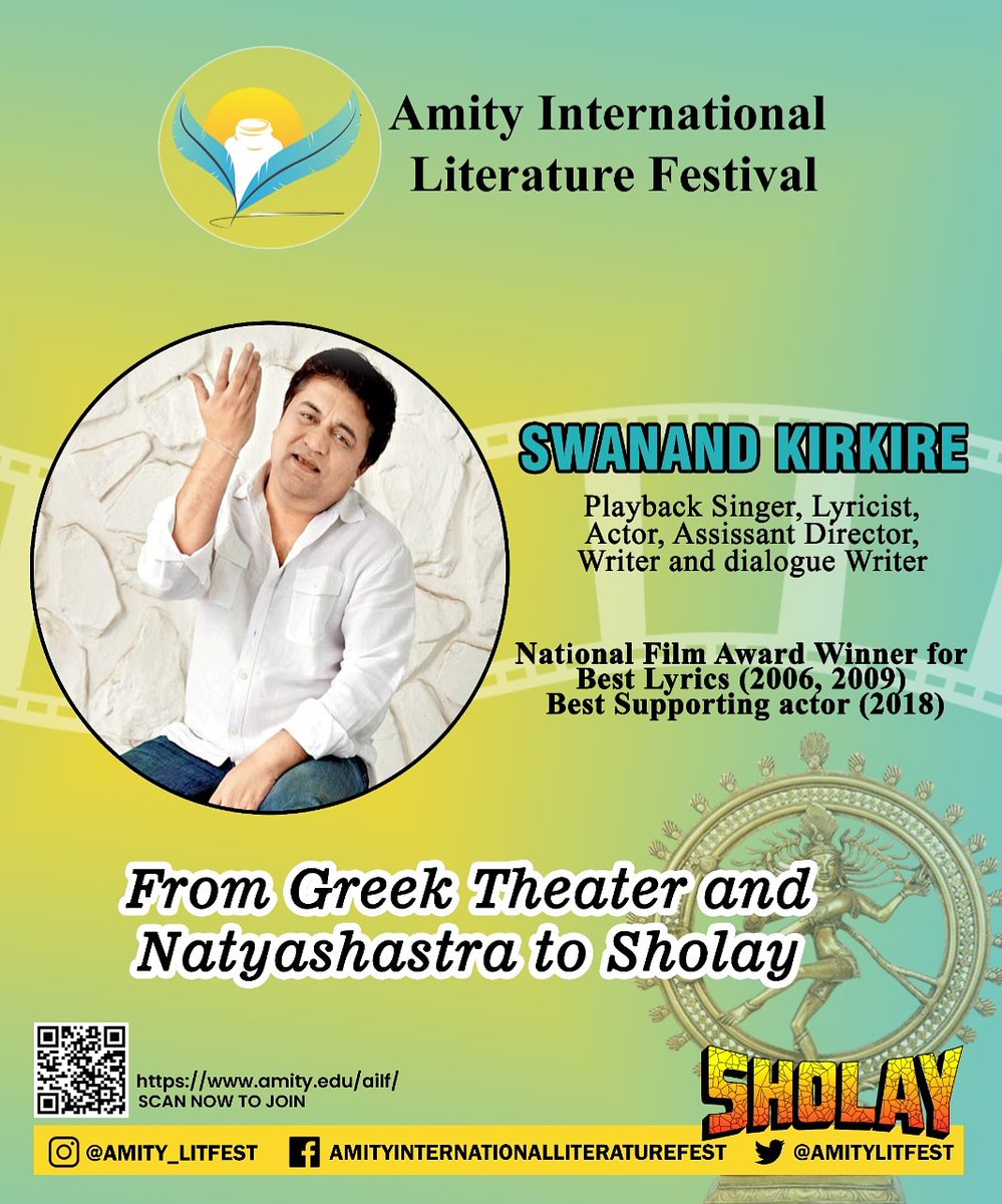 amitylitfest's tweet photo. We bring to you Swanand Kirkire, an Indian lyricist, playback singer,writer, assistant director, actor and dialogue writer, both in television with Marathi and Hindi films.@AmityUni
@swanandkirkire #amityuniversity #amitynoida #amity #amityinternationallitfest #wewillcreatebetter https://t.co/HJPm9DRmz8
