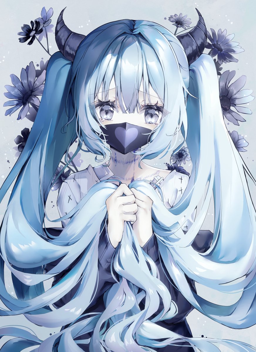 hatsune miku 1girl solo twintails long hair horns flower mask  illustration images