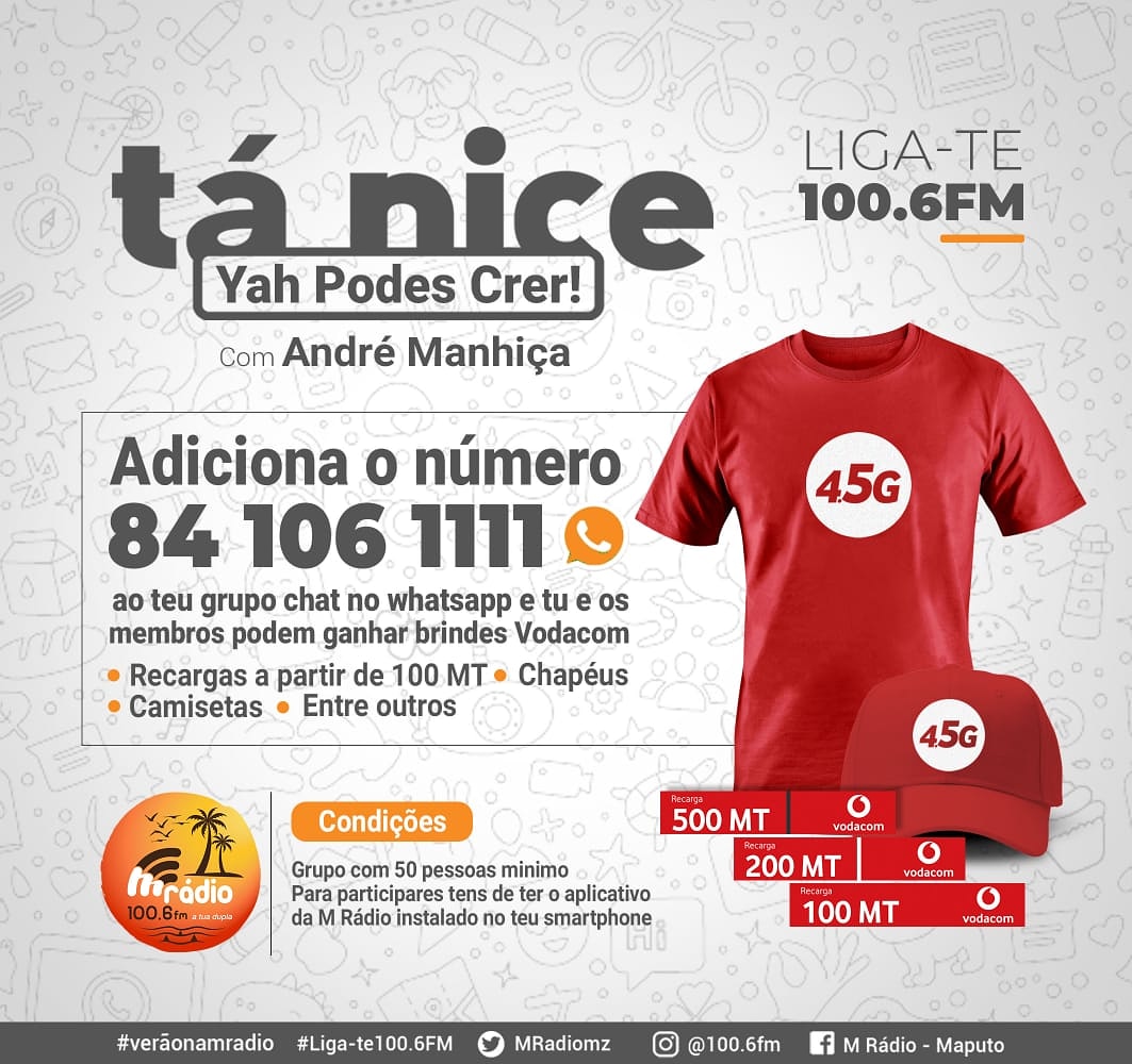 MRadiomz's tweet photo. Adiciona o número da tua dupla no teu grupo chat e tu e os membros podem ganhar brindes Vodacom! 
- Recargas de 100, 200 e 500MT
- Chapéus - Camisetas - e mais

Baixa agora o Nosso Aplicativo na Play Store: https://t.co/Ti4Y6bO5p5

M Rádio a tua dupla.
#atuadupla
#VerãonaMradio https://t.co/m3sxEaxXbg