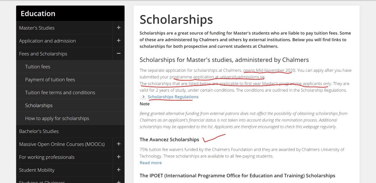 3. If you clicked at Chalmers University, you will see this:Take note of everything I underlined, and click the links there to fully understand. It's obvious that 75% tuition scholarship is available. Scroll down to see 100% scholarships. You can apply for any of this.