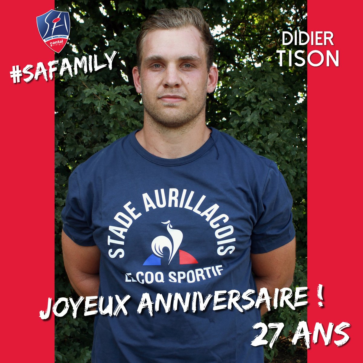 #SAFamily

Aujourd'hui, nous souhaitons un très bon anniversaire à <a href="/DidierTisonjnr/">Didier Tison</a> . Notre 3ème ligne fête ses 27 ans !
Nous lui souhaitons une très belle saison avec les Rouge et Bleu !!!

#JoyeuxAnniversaire #Happybirthday
🔴🔵💪💪🥳🥳