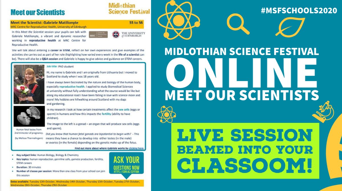 EBSOClab's tweet image. Gabriele, a @MRC_CRH scientist, is taking part in this year&apos;s #MSFschools2020!! If you&apos;re S5-S6 pupils want to chat about careers in STEM book your slot today! A perfect session for Higher Human Biology classes! Details in programme ➡️ edin.ac/3jRtdKU 
@StDavidsHS