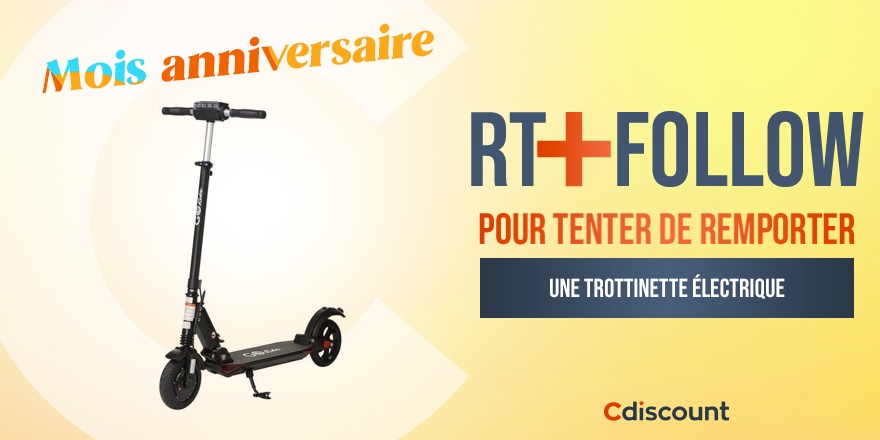 🎁 #Concours C'est notre mois anniversaire, on fête nos 22 ans !!! Pour célébrer ça on vous offre une trottinette électrique : pick.aw/qfNo1H6 Pour tenter de la remporter : 🔸 RT ce tweet 🔹 Follow @Cdiscount ⏰ TAS 20/10