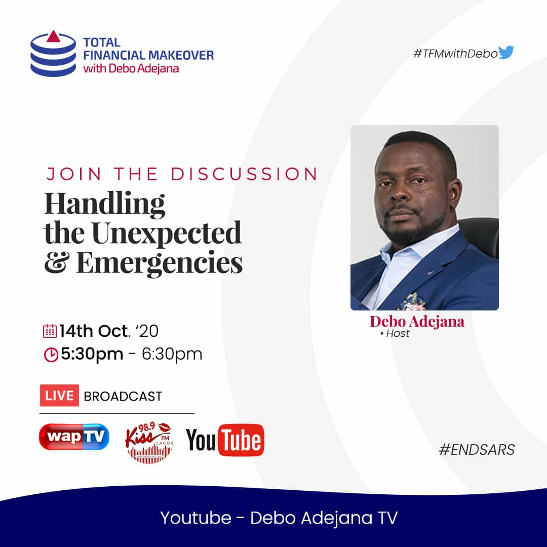 Join us today as we discuss the unexpected and emergencies in the face of the un-going protest.

What's your take?
Please share with us. 

Call us on 07086344745 or 08095499168

Time: 5:30pm

#tfmwithdebo #endsars #endpolicebrutality #sackyourlandlord