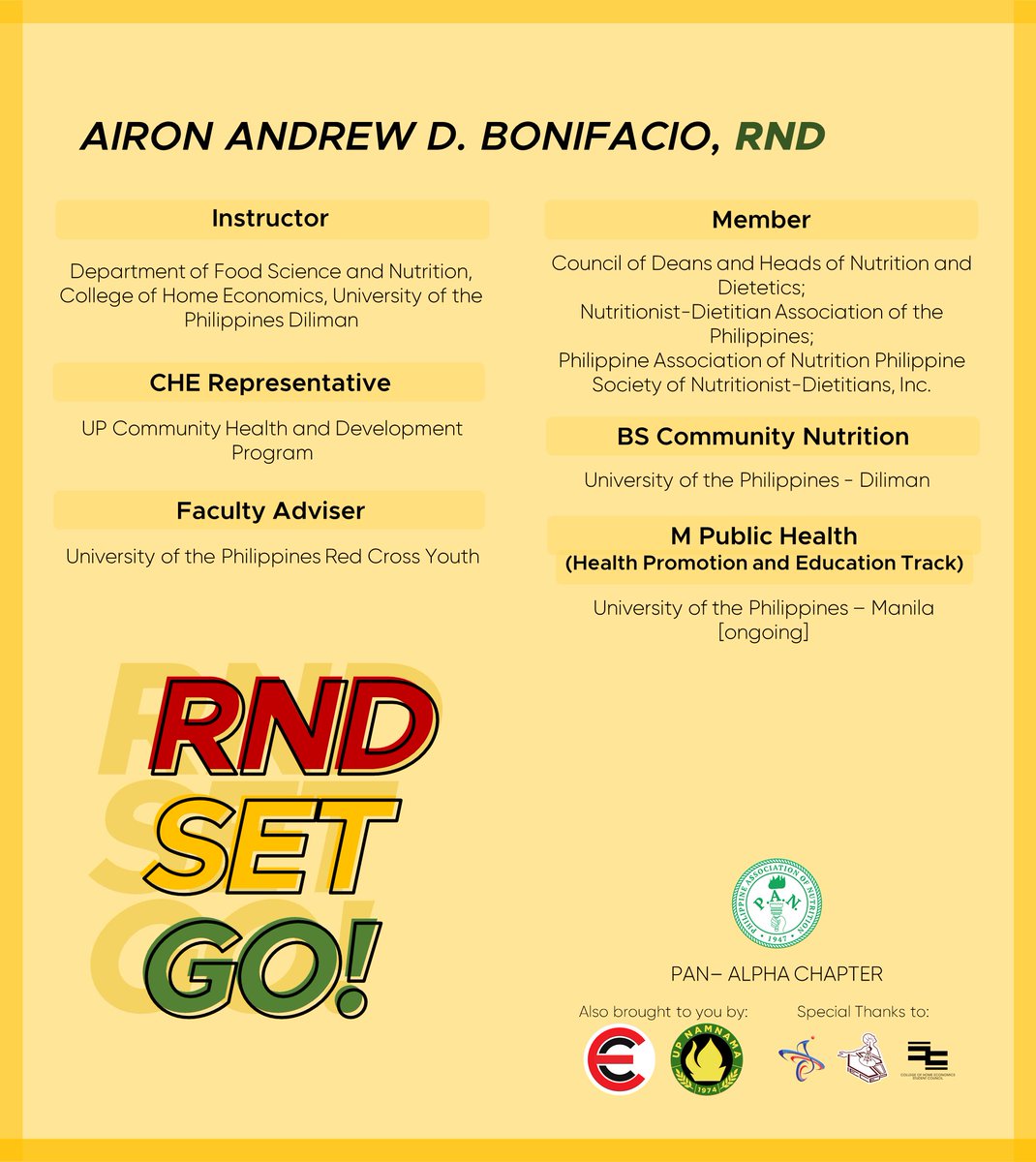 panalpha's tweet photo. Hello, future Nutritionist-Dietitians! Are you RNDy to meet our first speaker? 

Get to know Sir Airon further and learn more about the BS CN program on 17 October 2020 from 2:00 pm to 5:00 pm! 

See you there, future NDs! 

#RNDSetGo
#CommunityNutrition
#NutritionAndDietetics https://t.co/QTHI7OqcoB