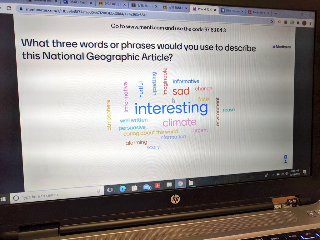 Tried out <a href="/Mentimeter/">Mentimeter</a>  with my classes. It was a spur of the moment decision and it turned out great! Super easy and fast to set up, Ss had no trouble accessing it, and it created cool word clouds to help generate conversation. 👍🏻Thanks for suggesting it <a href="/MrsEngler1/">Teresa Engler</a>! #McGuffey_MS