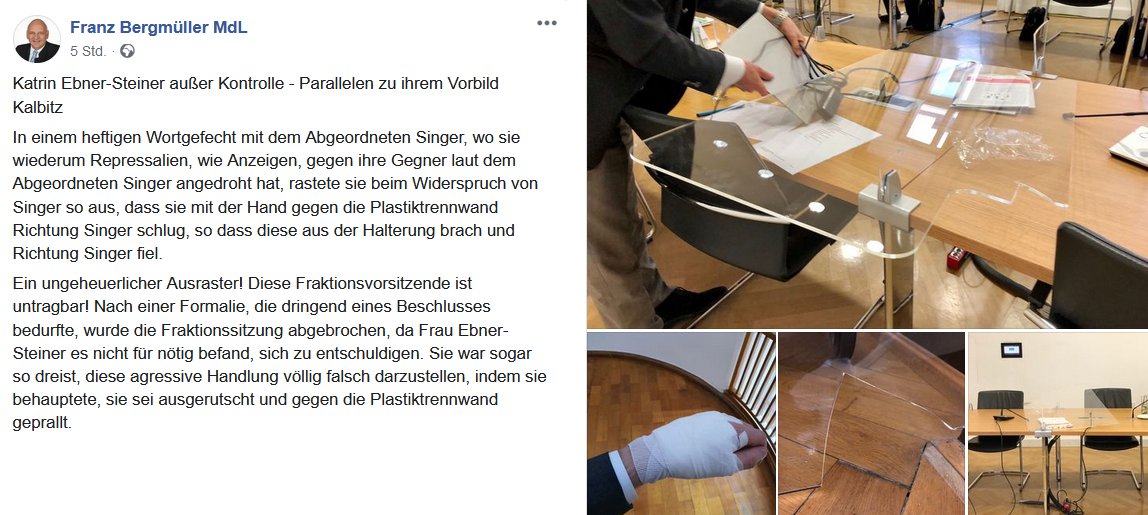 Kreuz Acht (@kreuzacht) on Twitter photo In einem Wutanfall zerschlug die Fraktionsvorsitzende der #AfD im bayerischen Landtag Katrin Ebner-Steiner die Plexiglas-Trennwand zu ihrem Kollegen: In einem Wutanfall zerschlug die Fraktionsvorsitzende der #AfD im bayerischen Landtag Katrin Ebner-Steiner die Plexiglas-Trennwand zu ihrem Kollegen: