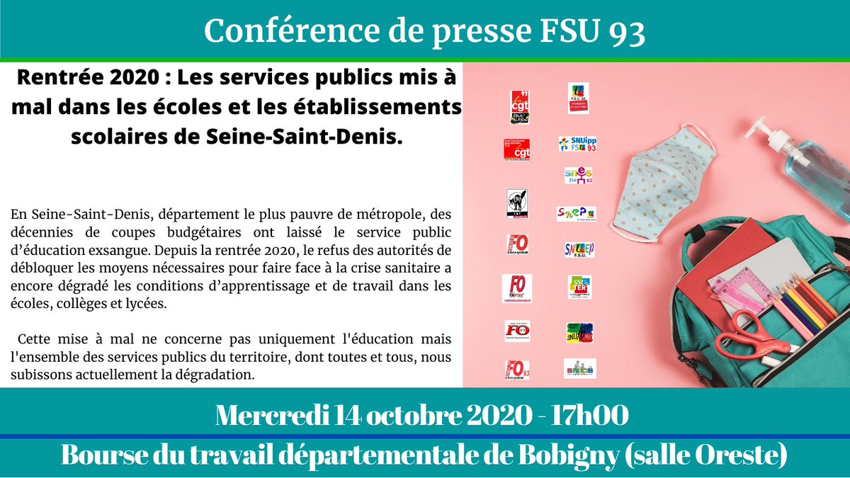 🗓Merc 14/10 - 17h 

📍Bourse du T de Bobigny 

📺🎙🗞Conférence de presse pour exposer cette rentrée qui s’est mal passée !

Nous n’étions pas prêts !
<a href="/SNUipp_FSU93/">FSU-SNUipp 93</a> <a href="/snesfsu93/">SNES-FSU 93</a>  <a href="/93Cgt/">cgt 93</a> <a href="/fo93syndicats/">FO 93</a> <a href="/SudEducation93/">Sud Éducation 93</a> @Solidaires93 <a href="/syndicat_CNT/">La CNT de la région parisienne</a> <a href="/SnudiFO93/">Snudi FO 93</a> <a href="/CGTeducaction93/">CGT Educ'action 93</a>