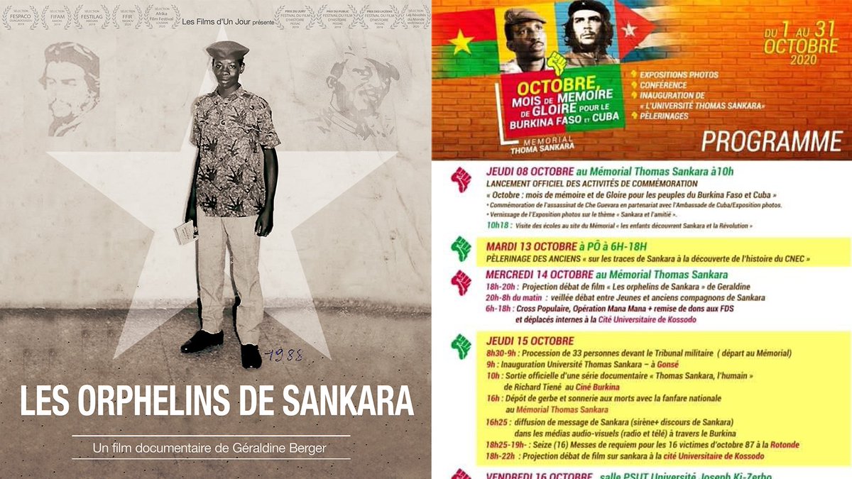 Le documentaire Les Orphelins de Sankara projeté le 14 octobre à 18h au Mémorial Thomas Sankara à Ouagadougou dans le cadre des commémorations de son assassinat. Débat avec les protagonistes du film.