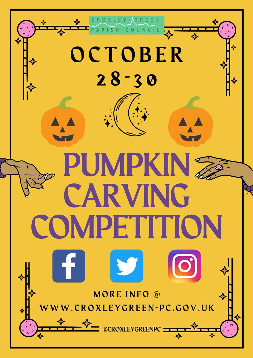 Virtual Pumpkin Carving Competition 🎃
🗓️28-30 October 2020
More info on our website:- croxleygreen-pc.gov.uk/index.php/coun…
#croxleygreen #halloween