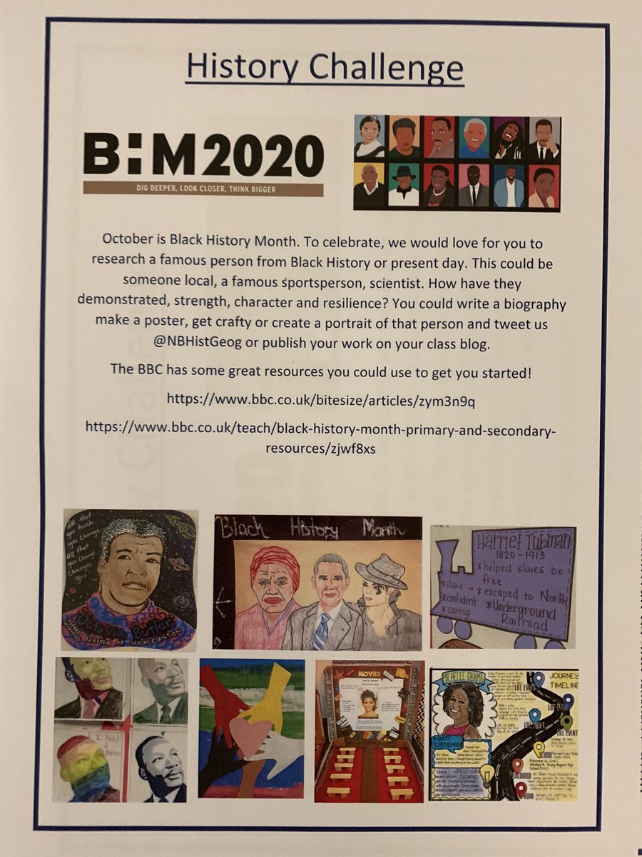 Celebrate Black History Month with the Norbridge History Challenge! Tweet us at @NBHistGeog or Blog on your class page. 
Deadline 2nd November. 
Prizes awarded!
