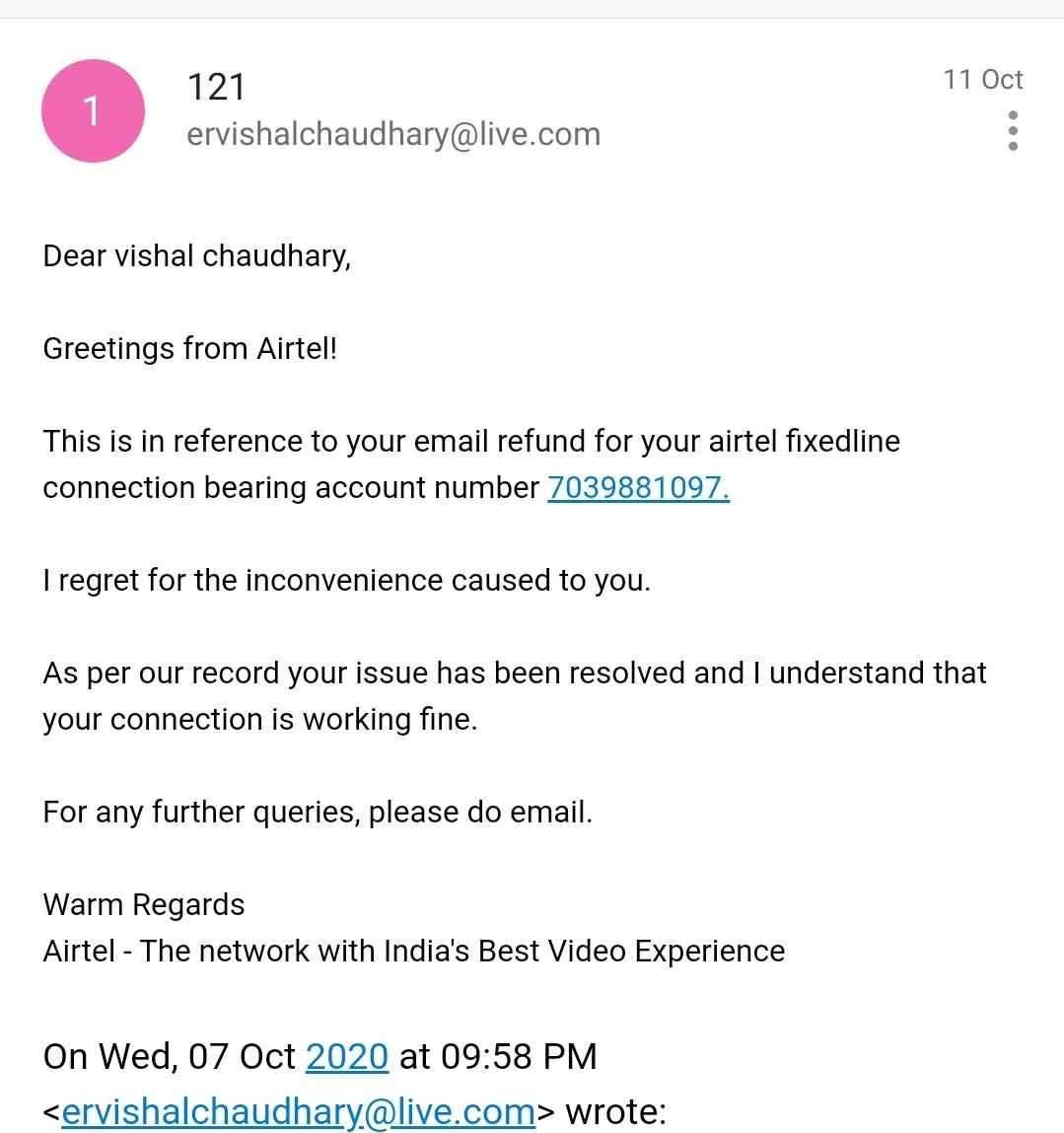vishal_chdry's tweet image. my refund not back to me it is very bad situation  .. 121 saied that problem solved ..

@Airtel_Presence @airtelindia