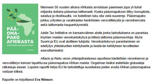 Lukusuositus! <a href="/nilssoneva/">Eva Nilsson</a>'n kirjoittama, <a href="/AttacSuomi/">Attac Suomi</a>  <a href="/Reiluvero/">Reilu vero ry</a>  julkaisema tuore raportti on tiivis, mutta kattava paketti päivitettyä tietoa #pääomapako'sta, sen hillitsemisestä ja yhteiskunnallisesta merkityksestä. Mukana myös hyviä uutisia! #verovälttely <a href="/Ulkoministerio/">MFA Finland 🇫🇮</a>