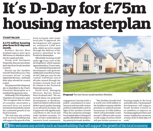 CommsPentland's tweet photo. Great coverage for our client @BarrattHomes in today's @ayrshire_live. The proposed development at Monkton will deliver much needed housing including affordable housing  and will support the Ayrshire Growth Deal which is worth over £250 million to the Ayrshire economy. https://t.co/ZTcGGbZZpY