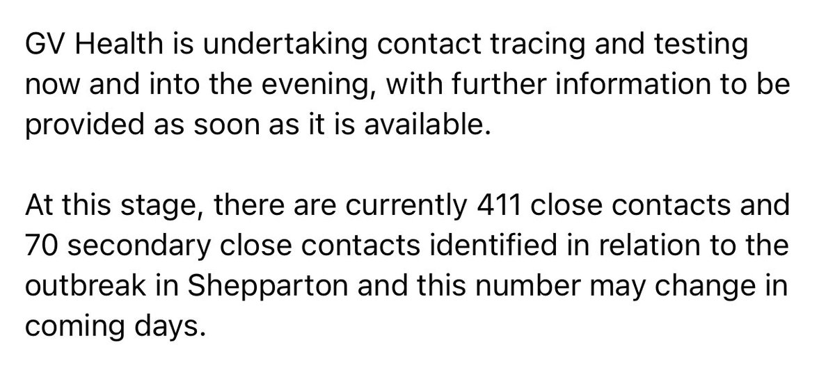 Matt_Hopcraft's tweet photo. The 3 cases in Shepparton reported to have 411 close contacts - potential for this cluster to get big. The difference between a community that is locked down and one that is open.
#COVID19Vic https://t.co/Km9AQcQsIT