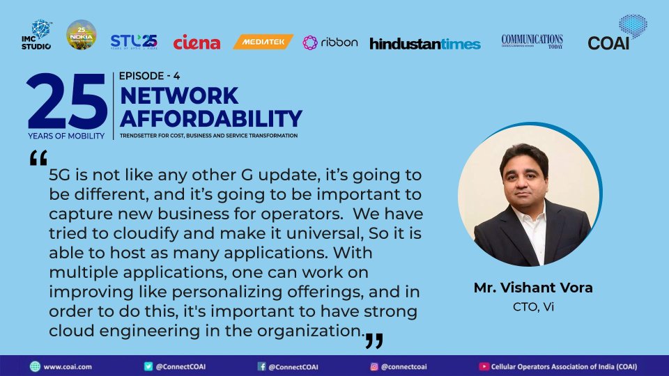 ConnectCOAI's tweet photo. Mr. Vishant Vora, CTO @VodaIdea_NEWS, sharing his views on future with #5G in the live webinar on ‘#Network Affordability: Trendsetter for Cost, Business and Service Transformation’.
#25YearsofMobility #DeshKiDigitalUdaan @DoT_India @rsprasad @IndiaDST @NokiaIndia @MediaTekIndia https://t.co/uLSdUyj9NI