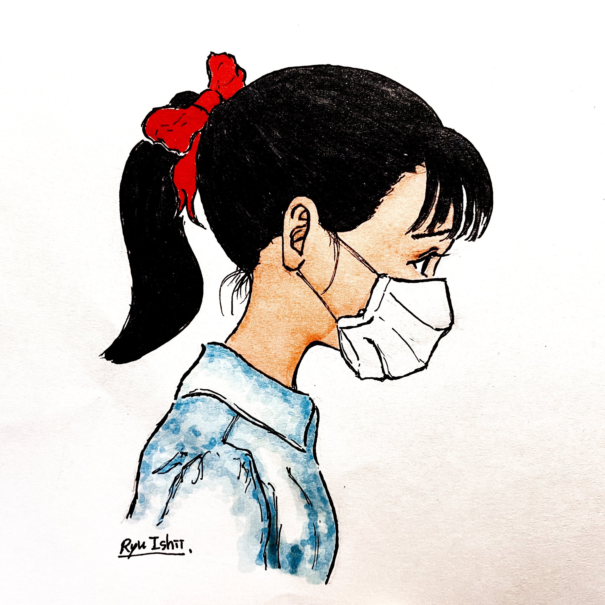 石居立宇 Ishii Ryu 或る女の子08 顔が小さいのでマスクがでかい 気を抜いていると男子たちがマスクで顔を覆おうとイタズラしてくる 毎回 顔が小さいからや とツッコミを入れる度に男子たちは嬉しそう Illustration Drawing Art Artwork