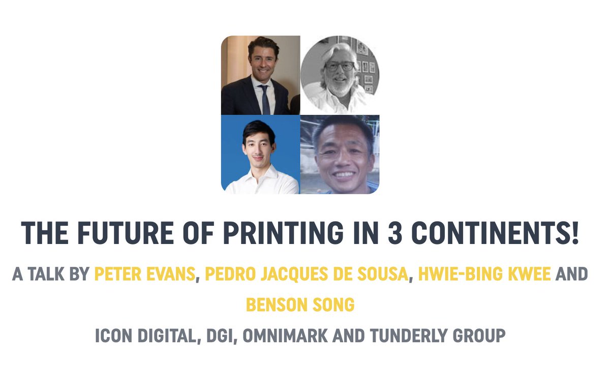 FuturePrintVS's tweet photo. UP NEXT @12.15PM BST: The Future Of Printing In 3 Continents!
A Talk By Peter Evans, Pedro Jacques De Sousa, Hwie-Bing Kwee And Benson Song Icon Digital, Dgi, Omnimark And Tunderly Group
https://t.co/Dcog7Pblr7 #FuturePrintVirtualSummit #FPVS2 #WideFormatPrint https://t.co/nWk8XyMmKl