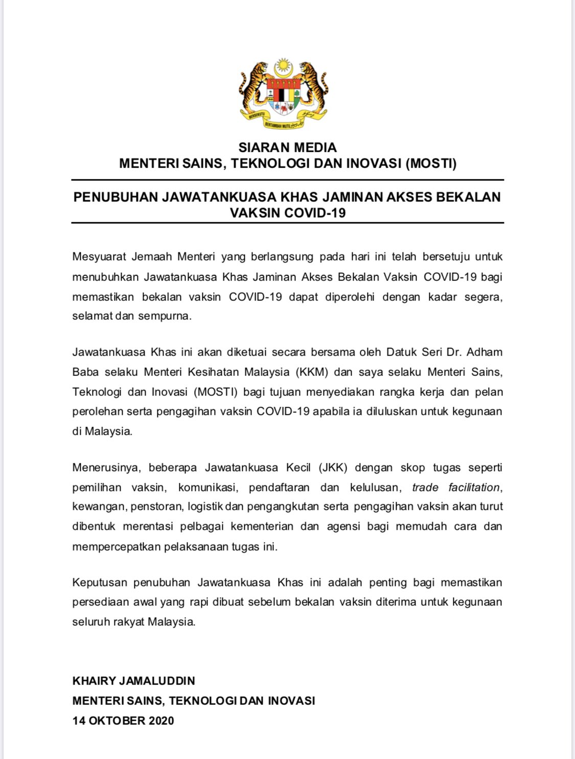 Khairy Jamaluddin On Twitter Cabinet Agreed Today To The Establishment Of A Special Taskforce Co Chaired By Ministers Of Kkmputrajaya Officialmosti To Coordinate Securing Covid 19 Vaccine Supply Oversee Immunisation Programme