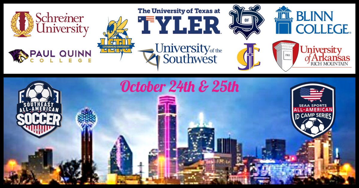 The @SEAllAmerican College ID Camp heads to Dallas in less than two weeks! ⚽️

🌏 Dallas, TX
🗓 10/24-10/25/2020
🗣 Class of 2021-2024
⚽️ Boys and Girls
💻 REGISTER: seaasports.com

SIGN UP TODAY! 🇺🇸⭐️⚽️ #SEAASports