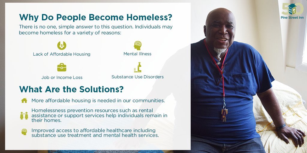 PineStreetInn's tweet photo. There are many reasons why homelessness exists. People can face a lack of affordable housing, job loss, instability due to mental illness or substance use disorder. Although each individual's journey is different, our goal is always to help each one out of #homelessness. https://t.co/yZqjp9ItsM